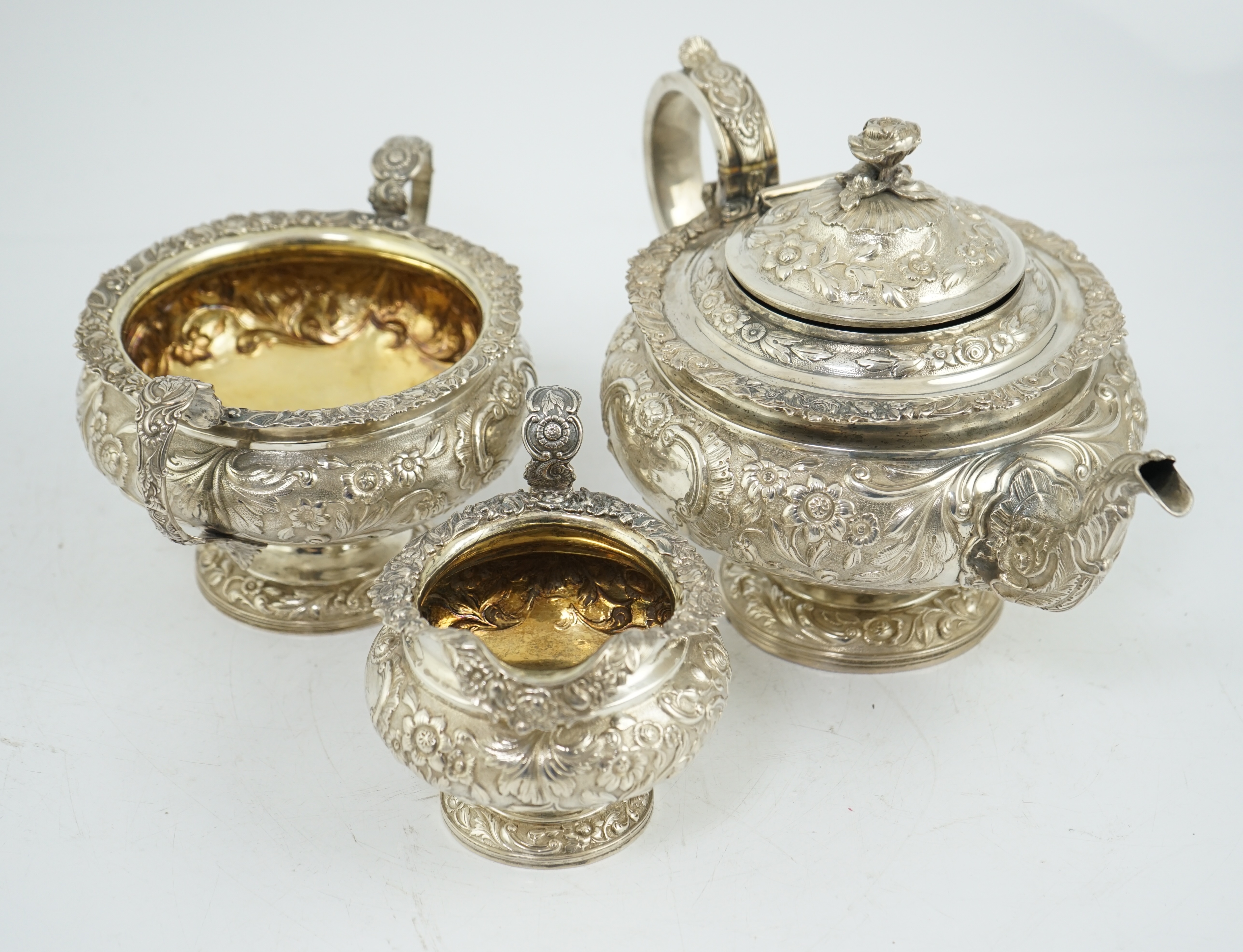 A George IV Scottish silver three piece pedestal tea set, by Peter Aitken I, CITES submission reference:T4BKA65U